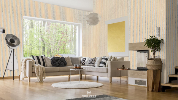 Interior living room with acoustic slat wall paneling and grey felt